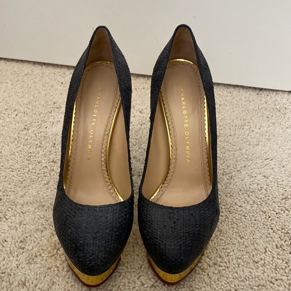 Charlotte Olympia Black Raffia Stiletto Heels with Platform